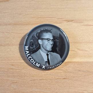 Pin badges and fridge magnets featuring Malcolm X