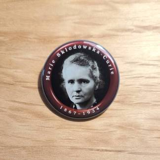 Pin badges and fridge magnets featuring Marie Sklodowska-Curie