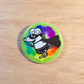 Pin badges and fridge magnets featuring a mouse with a cape