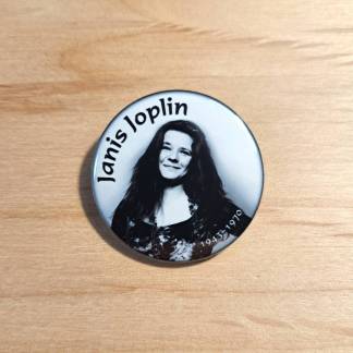 Pin badges and fridge magnets featuring Janis Joplin