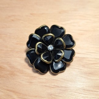 Jet black resin bead flower and rhinestone brooch