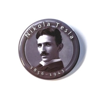 Pin badges and fridge magnets featuring Nikola Tesla
