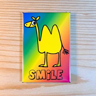 Rectangular pin badges and fridge magnets featuring a Camel at the disco